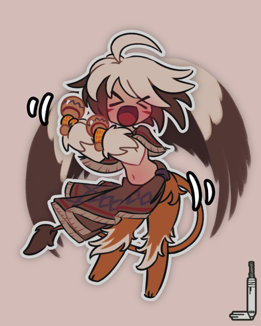 >o<, 1girl, ahoge, brown_hair, capelet, dancing, facial_mark, feathered_wings
