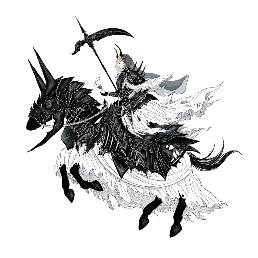 1girl, armor, blonde_hair, cosplay, death_knight_(fire_emblem), death_knight_(fire_emblem)_(cosplay), fire_emblem, fire_emblem:_three_houses, full_body, highres, horse, jewelry, lv2nt, mercedes_von_martritz, pendant, scythe, short_hair, solo, spiked_armor, veil, weapon