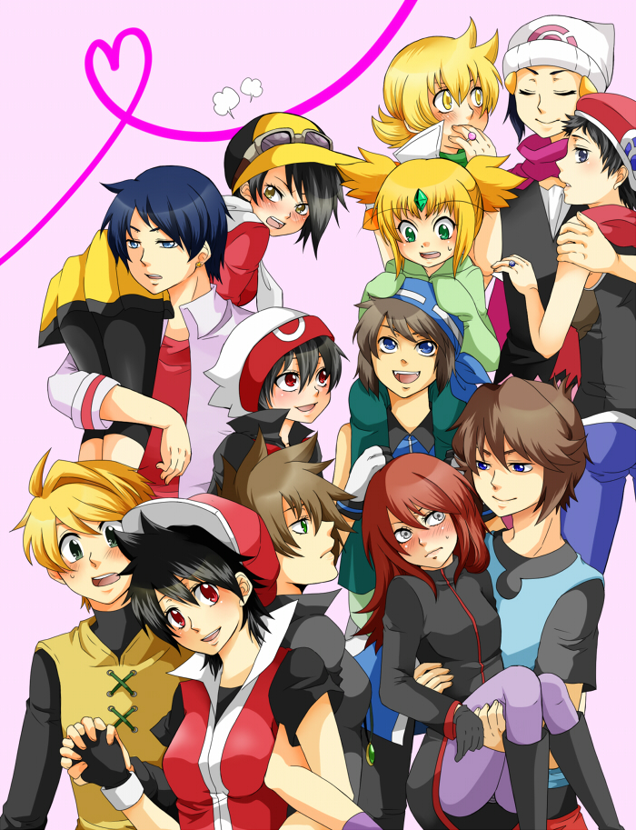 alternate_hairstyle, bandana, baseball_cap, beanie, beret, black_hair, blonde_hair, blue_(pokemon), blue_eyes, blush, boots, brown_hair, carrying, couple, crystal_(pokemon), diamond_(pokemon), emerald_(pokemon), everyone, fangs, fingerless_gloves, genderswap, gloves, goggles, gold_(pokemon), green_eyes, hat, holding_hands, hug, jewelry, long_hair, minto, odamaki_sapphire, ookido_green, panties, panties_under_pantyhose, pantyhose, pearl_(pokemon), platinum_berlitz, pokemon, pokemon_special, princess_carry, red_(pokemon), red_eyes, red_hair, redhead, ring, ruby_(pokemon), silver_(pokemon), skirt, striped, striped_panties, underwear, yellow_(pokemon), yellow_eyes