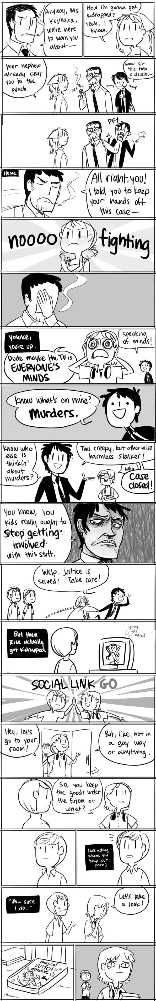 adachi_tohru, adachi_tooru, comic, doujima_nanako, doujima_ryoutarou, english, facepalm, hanamura_yousuke, highres, hiimdaisy, humor, kujikawa_rise, monochrome, narukami_yuu, parody, peachifruit, persona, persona_4, seta_souji