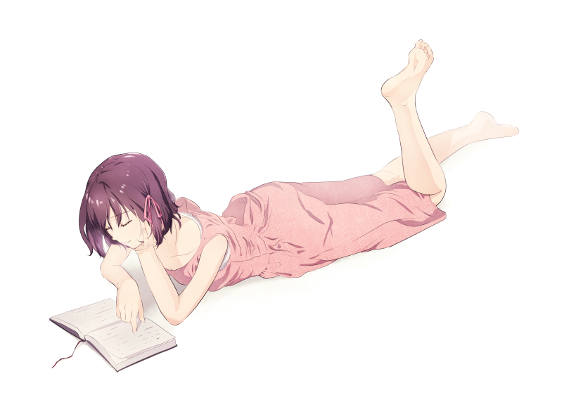 1girl, barefoot, book, bu_(urbznd151129), closed_eyes, closed_mouth, dress, hair_ribbon, hand_on_own_chin, kurashiki_shiori, lying, on_stomach, pink_dress, pink_ribbon, reading, ribbon, soles, solo, tokyo_xanadu