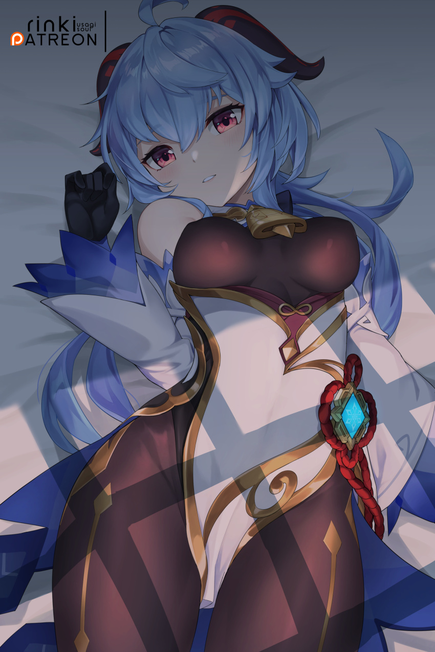 1girl, absurdres, ahoge, bare_shoulders, bed_sheet, bell, black_gloves, blue_hair