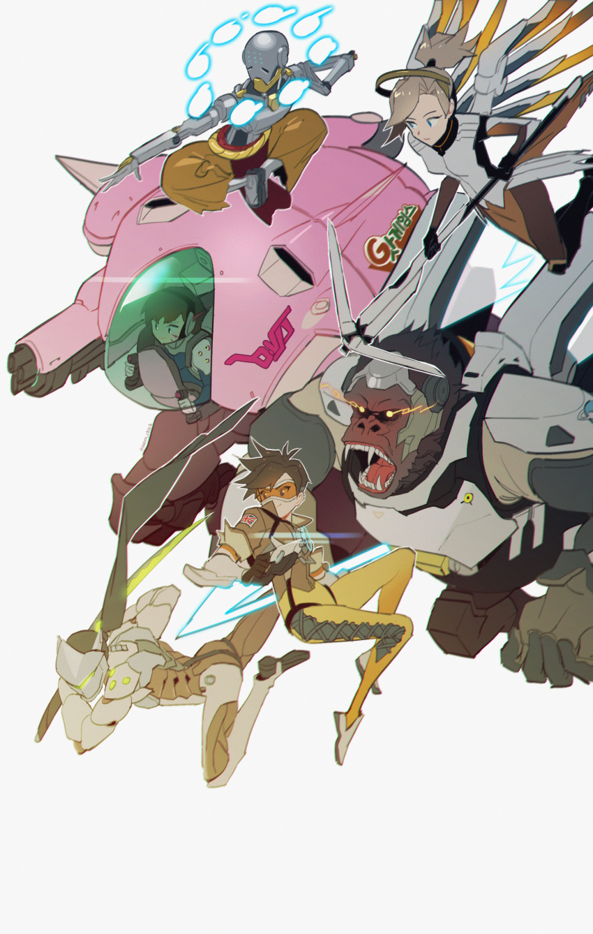 3boys, 3girls, absurdres, armor, attack, bangs, black_gloves, black_hair