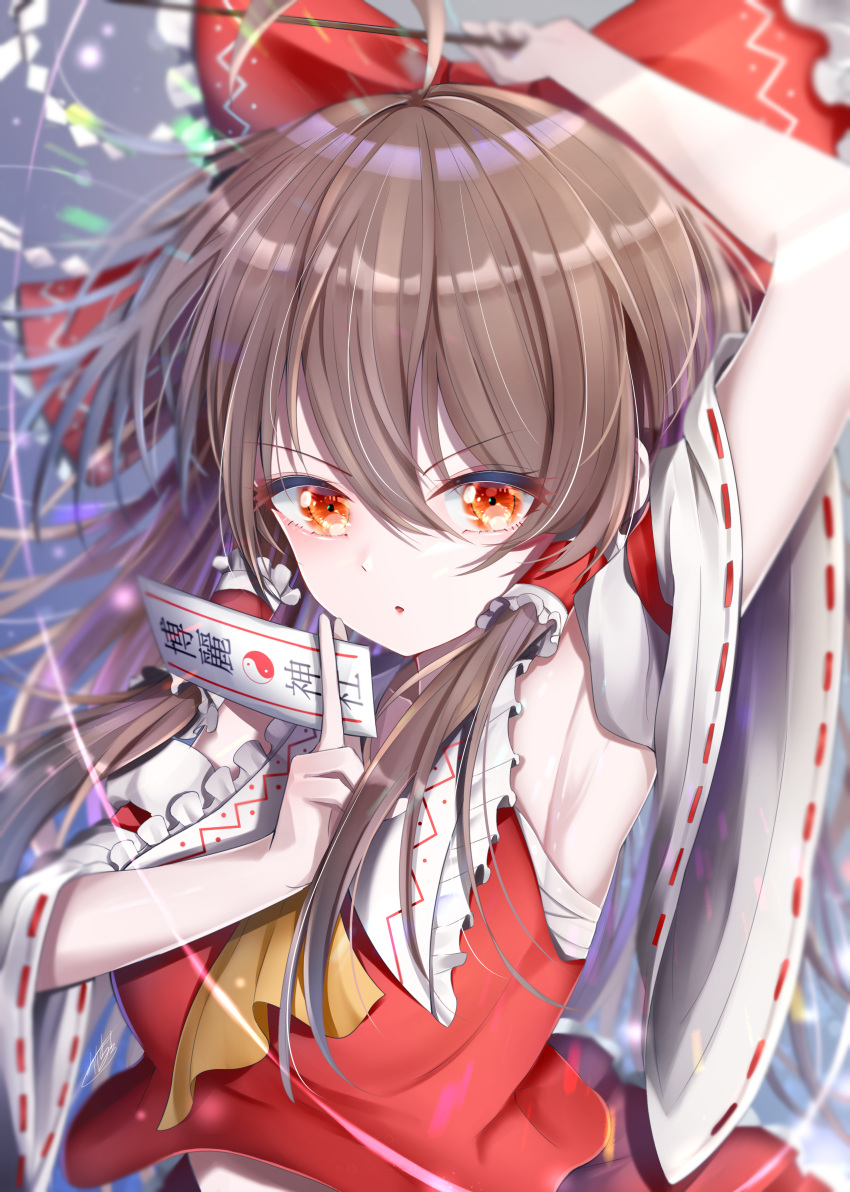 1girl, :o, absurdres, ahoge, arm_up, armpits, bangs, bow