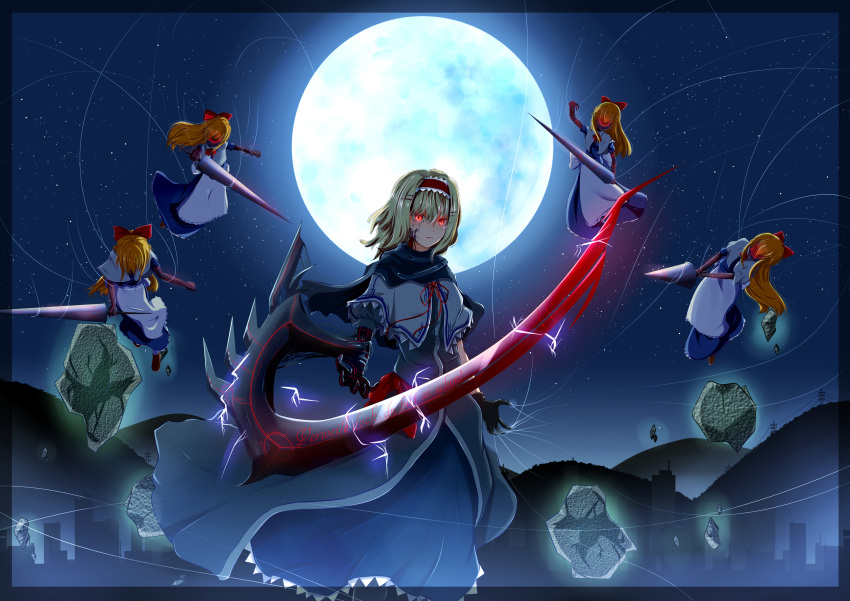 1girl, absurdres, alice_margatroid, bangs, black_gloves, blonde_hair, blue_dress, bois_de_justice