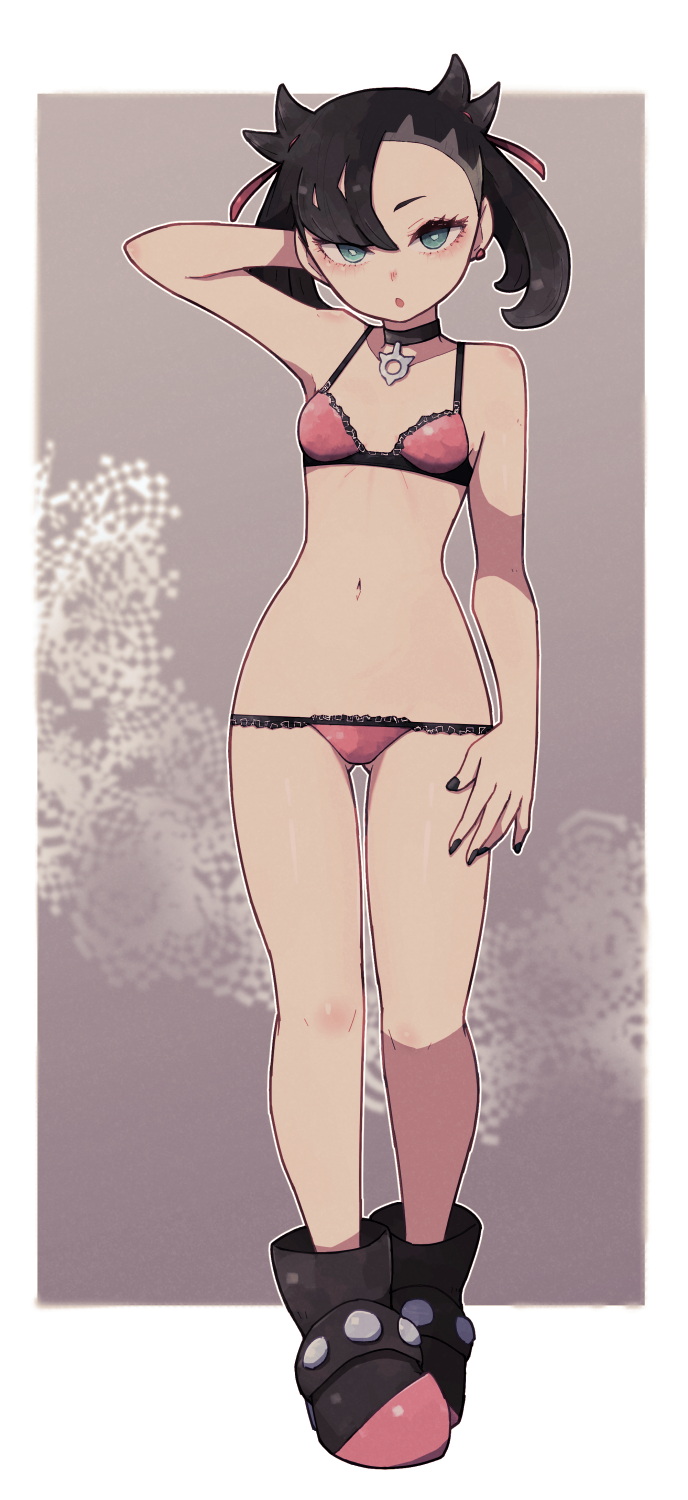 1girl, aqua_eyes, arm_at_side, arm_behind_head, arm_up, ass_visible_through_thighs, black_footwear, black_hair