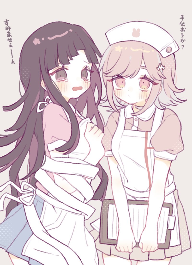 2girls, alternate_costume, animal_print, apron, bandages, bangs, blush, breasts