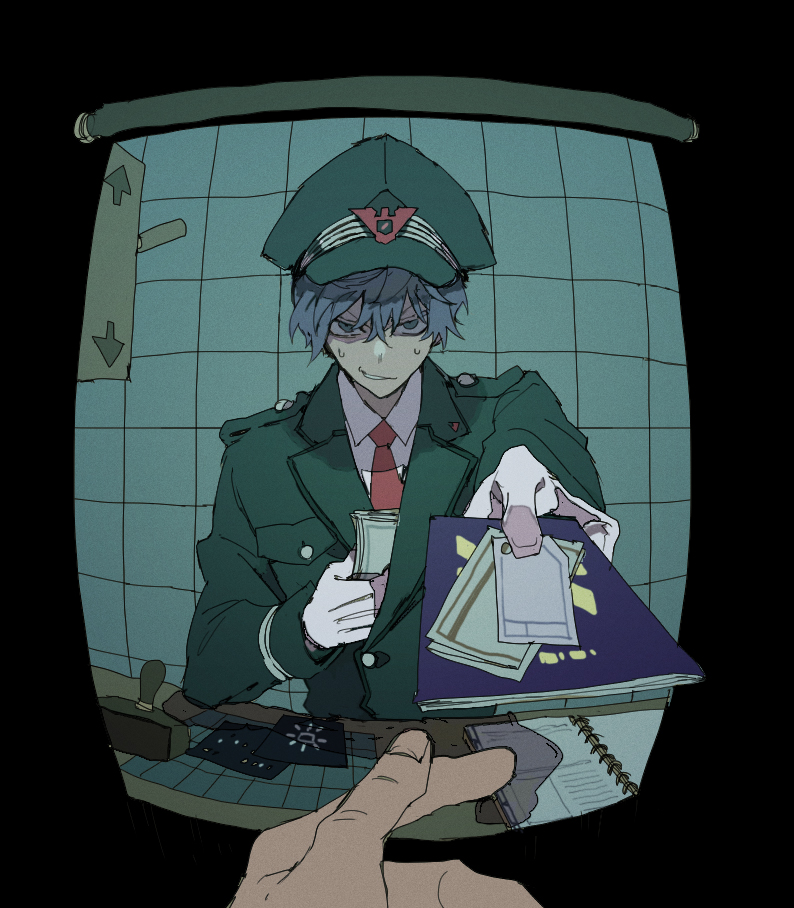 aki_(abblim), blue_hair, bribery, character_request, copyright_request, hat, military, military_uniform