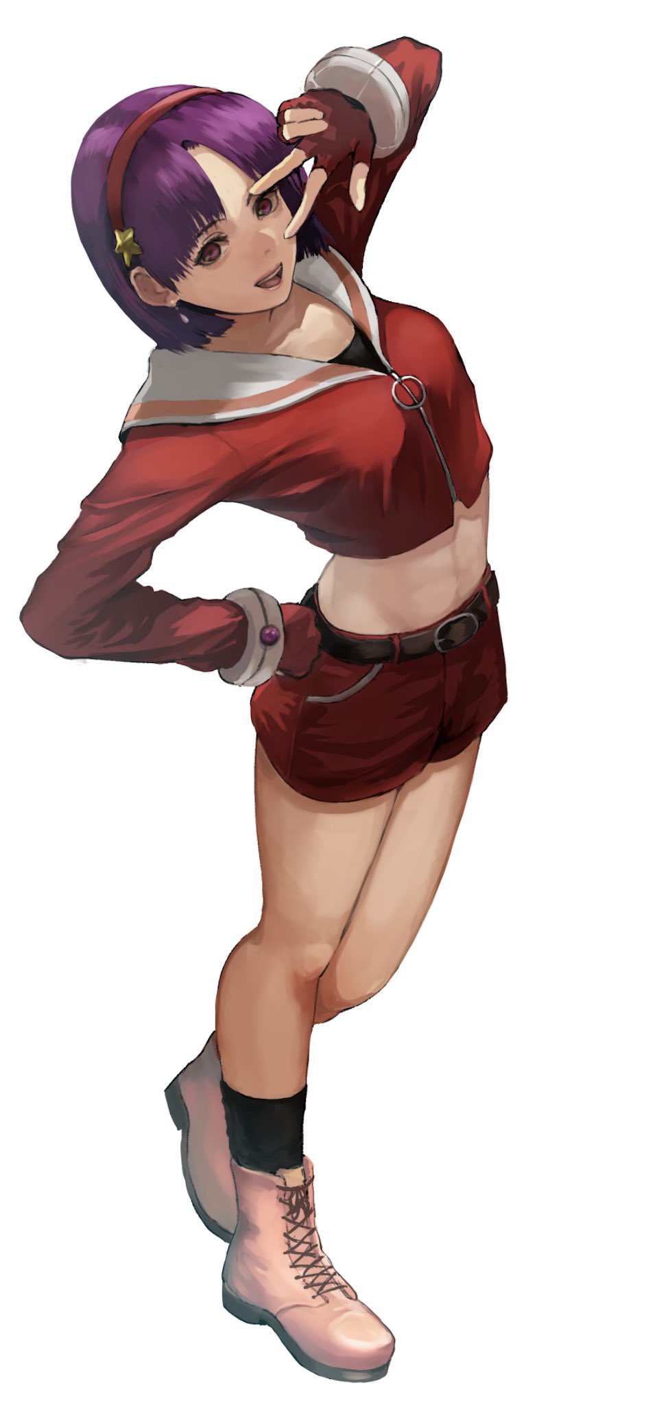 1girl, arm_up, asamiya_athena, bangs, belt, closed_mouth, earrings, fingerless_gloves