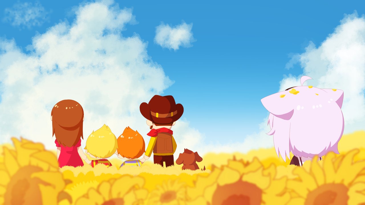 ahoge, animal_ears, blonde_hair, blue_sky, boney, brown_hair, cat_ears, claus_(mother_3)