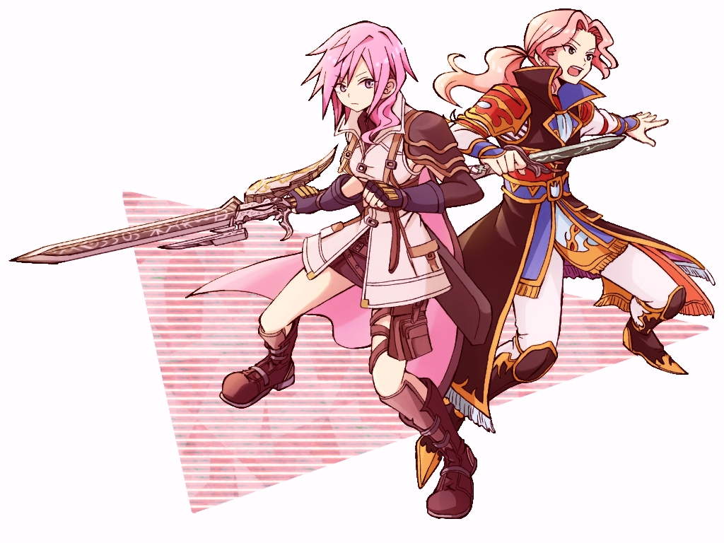 2girls, armor, asymmetrical_hair, boots, cape, coat, dagger, dissidia_final_fantasy