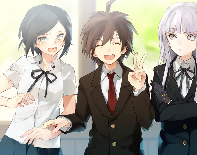 1boy, 2girls, :d, ahoge, alternate_costume, bangs, black_gloves, black_hair