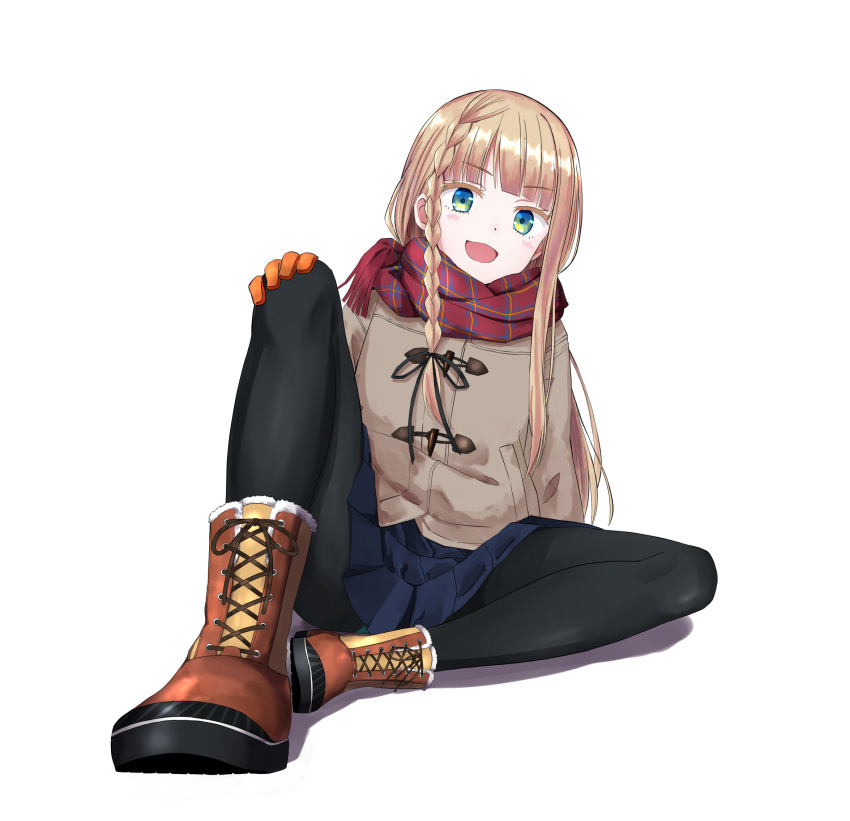 1girl, ankle_boots, bangs, beige_coat, black_legwear, blonde_hair, blue_skirt, blunt_bangs
