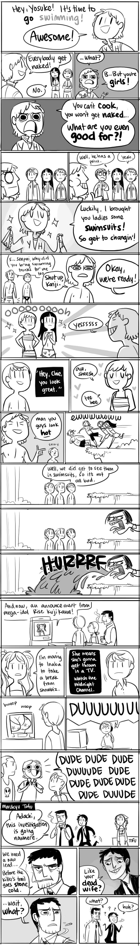 adachi_tohru, adachi_tooru, amagi_yukiko, blood, breasts, cleavage, clothes_writing, comic, doujima_nanako, doujima_ryoutarou, english, hanamura_yousuke, highres, hiimdaisy, humor, kujikawa_rise, monochrome, morooka_kinshiro, morooka_kinshirou, narukami_yuu, nosebleed, parody, peachifruit, persona, persona_4, satonaka_chie, seta_souji, tatsumi_kanji, troll_face