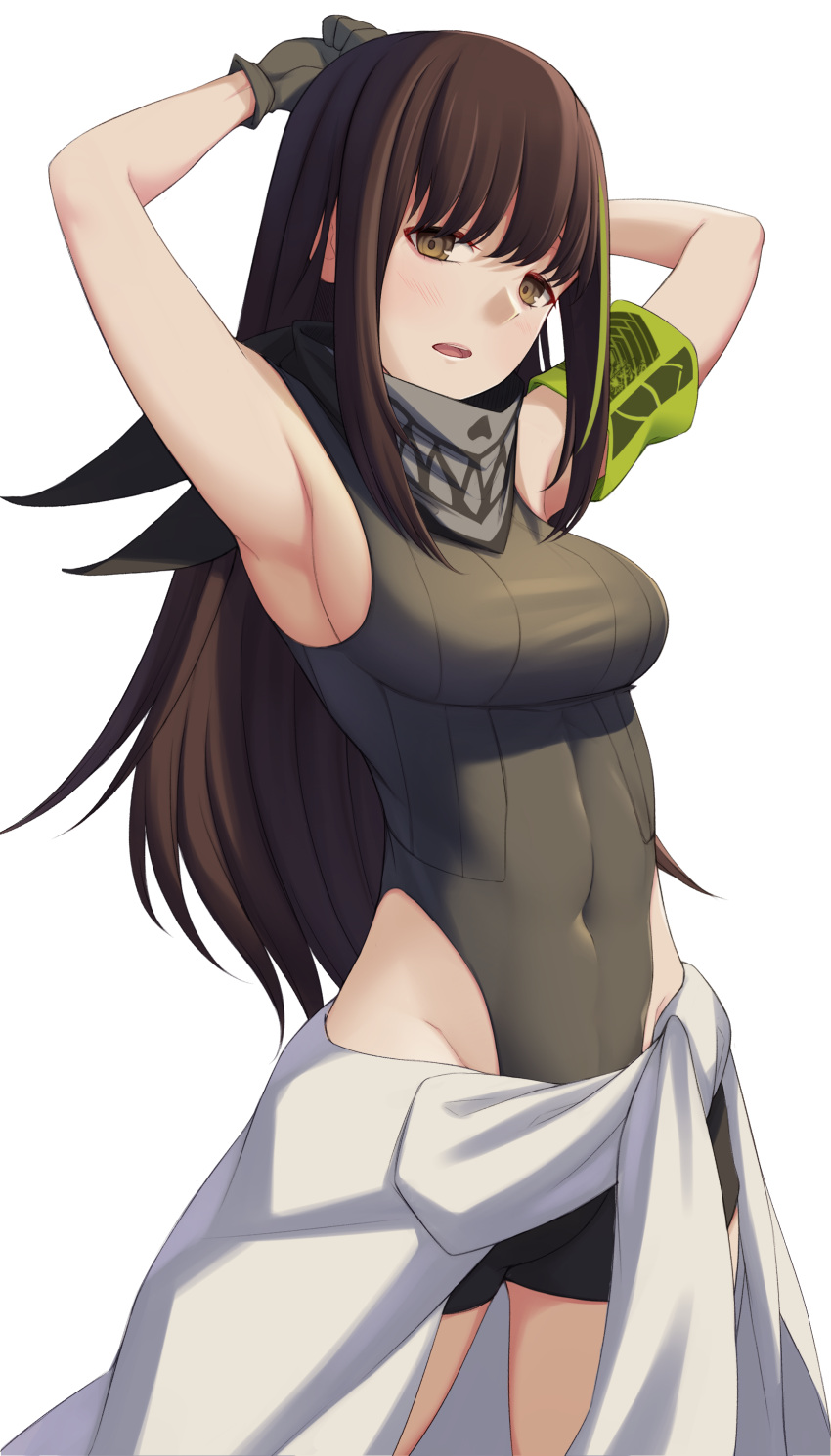 1girl, absurdres, act_(xadachit), armband, armpits, arms_behind_head, bangs, black_shorts