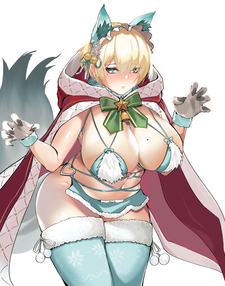 1girl, absurdres, animal_ears, bikini, blonde_hair, blue_bikini, blue_legwear, breasts, cape, fake_animal_ears, fur-trimmed_bikini, fur-trimmed_gloves, fur-trimmed_legwear, fur_trim, girls_frontline, gloves, green_eyes, highres, hood, hooded_cape, huge_filesize, large_breasts, loveu, mole, mole_on_breast, mole_under_eye, official_alternate_costume, red_cape, revealing_clothes, short_hair, solo, swimsuit, thigh-highs, vsk-94_(girls_frontline)