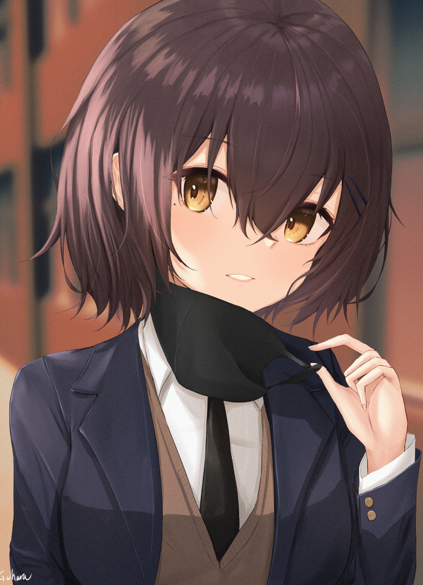 1girl, bangs, black_jacket, black_neckwear, blazer, blush, brown_eyes, brown_hair