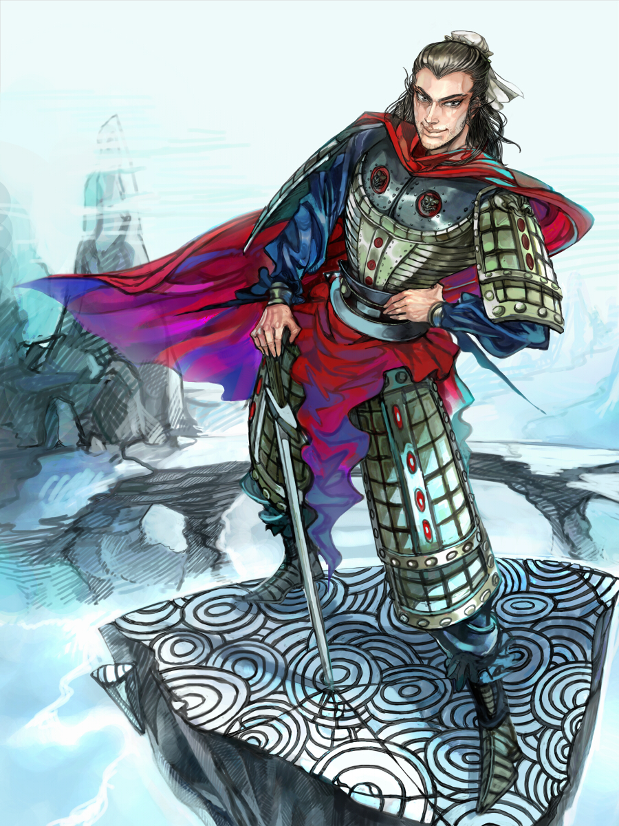 armor, black_hair, bun_cover, cao_cao, cape, chinese_clothes, facial_hair, grey_eyes