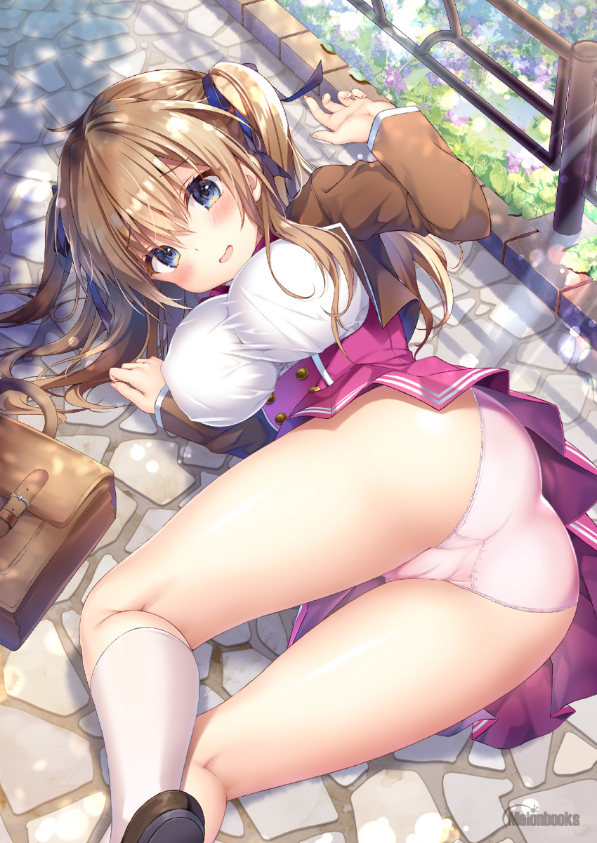1girl, ass, bag, bangs, blue_eyes, breasts, brown_footwear, brown_hair