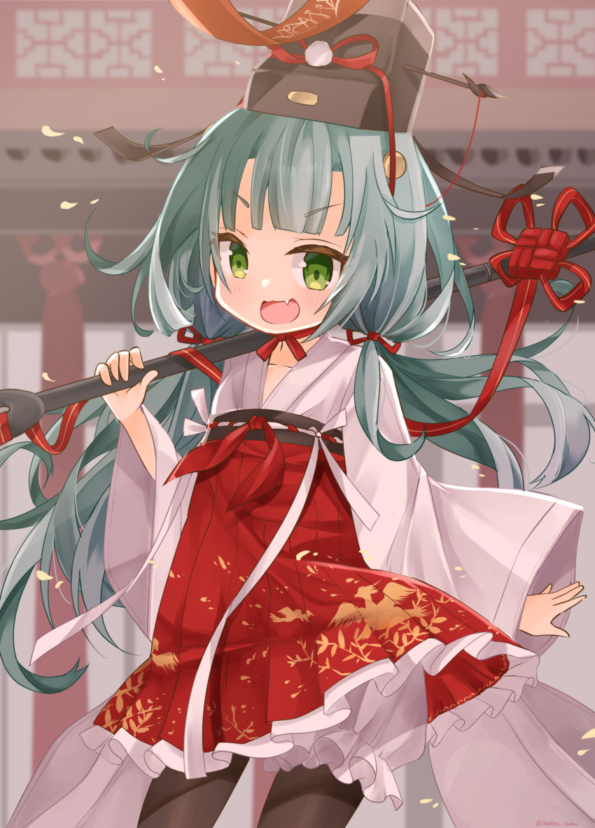 1girl, :d, anchor, azur_lane, bangs, black_headwear, black_legwear, bloomers, blunt_bangs, blush, carrying_over_shoulder, cherry_blossoms, collarbone, commentary_request, cowboy_shot, eyebrows_visible_through_hair, fang, glowworm_(azur_lane), glowworm_(jokey_adjudicator)_(azur_lane), green_eyes, green_hair, hair_ribbon, hat, high-waist_skirt, highres, holding, holding_anchor, japanese_clothes, kimono, long_hair, long_sleeves, looking_at_viewer, low_twintails, official_alternate_costume, open_mouth, pantyhose, pleated_skirt, print_skirt, red_ribbon, red_skirt, ribbon, saekiya_sabou, sidelocks, skin_fang, skirt, smile, solo, standing, tassel, twintails, underwear, very_long_hair, white_bloomers, white_kimono, wide_sleeves