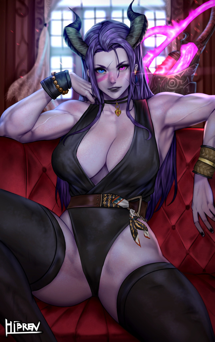 1girl, bare_shoulders, belt, blue_eyes, breasts, chair, choker, commission