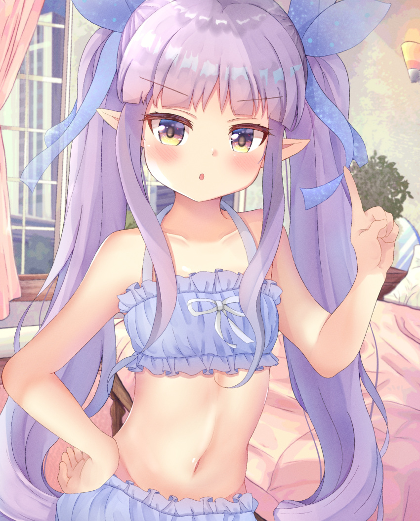 1girl, :o, absurdres, bangs, bare_shoulders, bed, blue_bra, blue_panties