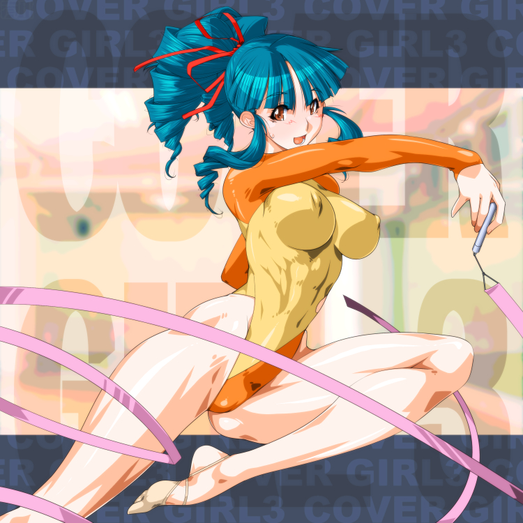 1girl, abs, arikawa, asuka_120_percent, athletic_leotard, blue_hair, brown_eyes, commentary_request