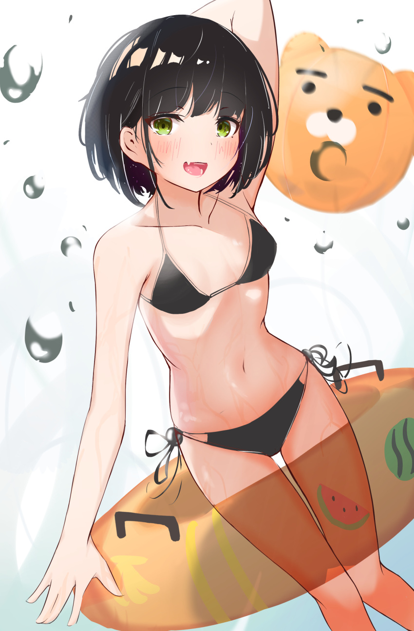 1girl, absurdres, ball, beachball, bikini, black_bikini, black_hair, breasts