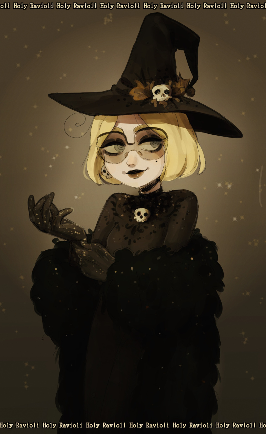 1girl, artist_name, black_dress, black_headwear, black_lips, black_lipstick, blonde_hair, bob_cut