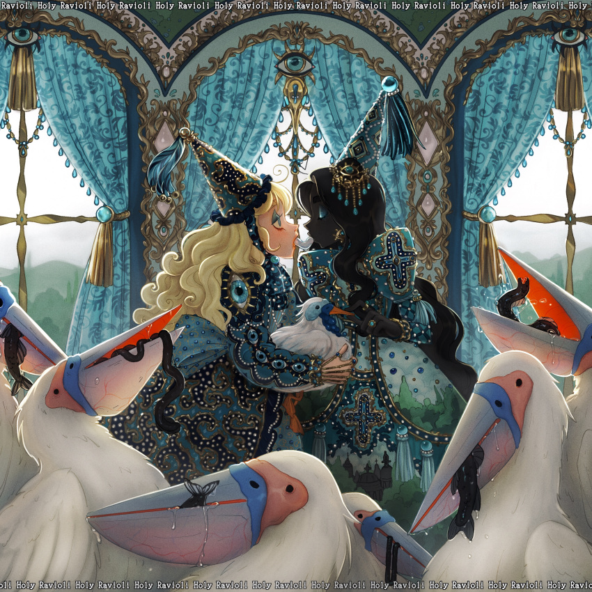 2girls, absurdres, artist_name, bird, black_hair, black_vs_white, blonde_hair, blue_dress, blue_eyes, blue_headwear, blue_theme, closed_eyes, curtains, dark_skin, dark-skinned_female, dress, eating, french_kiss, from_side, hat, highres, holding, holy_ravioli, kiss, long_hair, long_sleeves, multiple_girls, original, pelican, profile, revision, symbol_commentary, very_dark_skin, very_long_hair, yuri