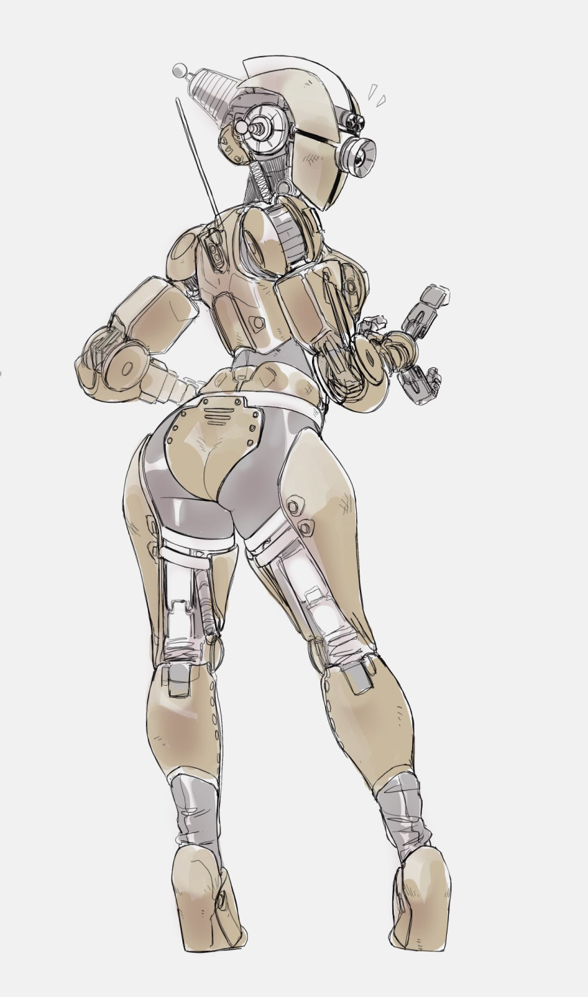 1girl, ass, from_behind, grey_background, highres, humanoid_robot, looking_back, no_humans
