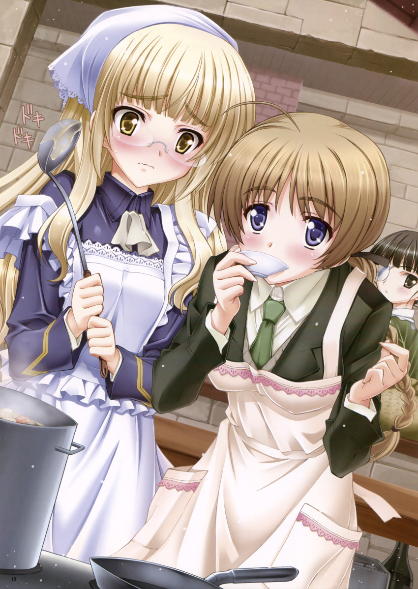 3girls, absurdres, alternate_costume, apron, black_hair, blonde_hair, blue_eyes, blush