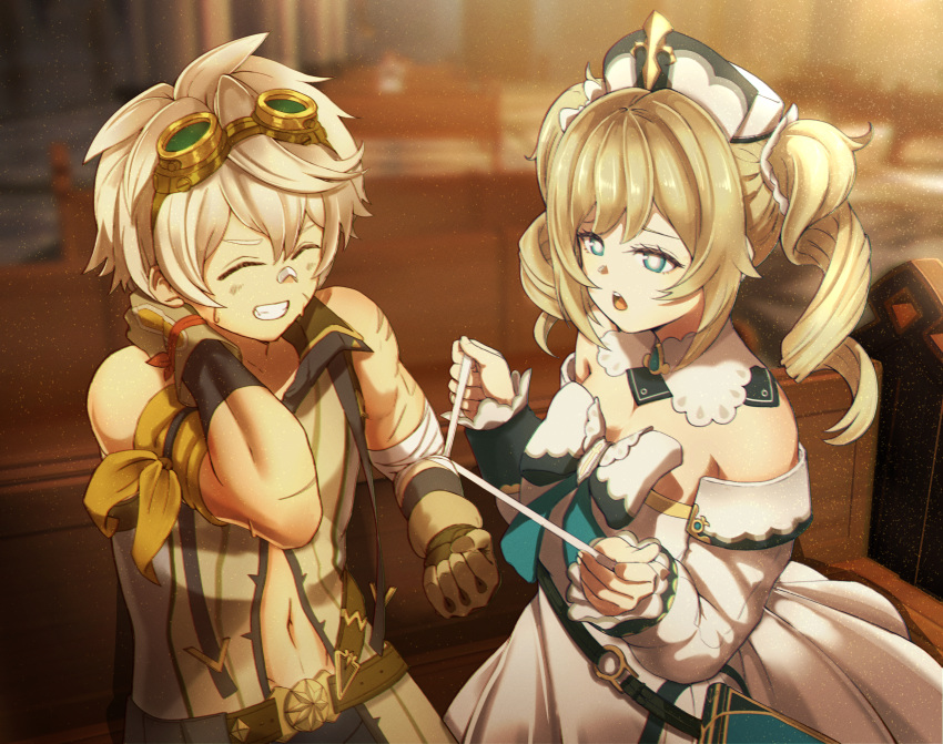 1boy, 1girl, ^_^, ^o^, bandaged_arm, bandages, bandaid, bandaid_on_nose