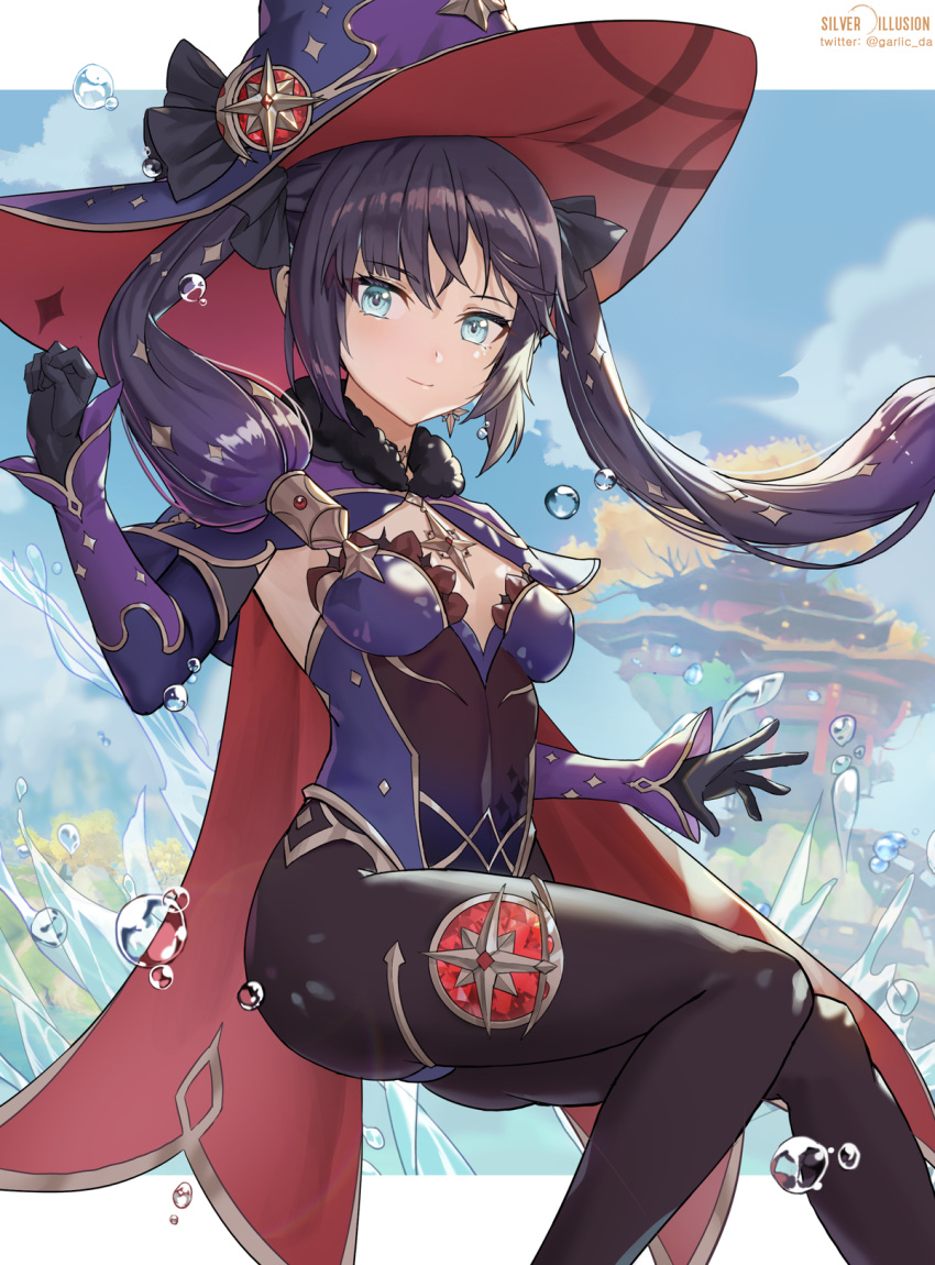 1girl, aqua_eyes, black_legwear, bodysuit_under_clothes, bow, breasts, cape, choker