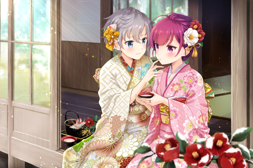 2girls, bangs, blue_eyes, blurry_foreground, chiwa_(chiwawanwan1206), closed_mouth, cup, eyebrows_visible_through_hair