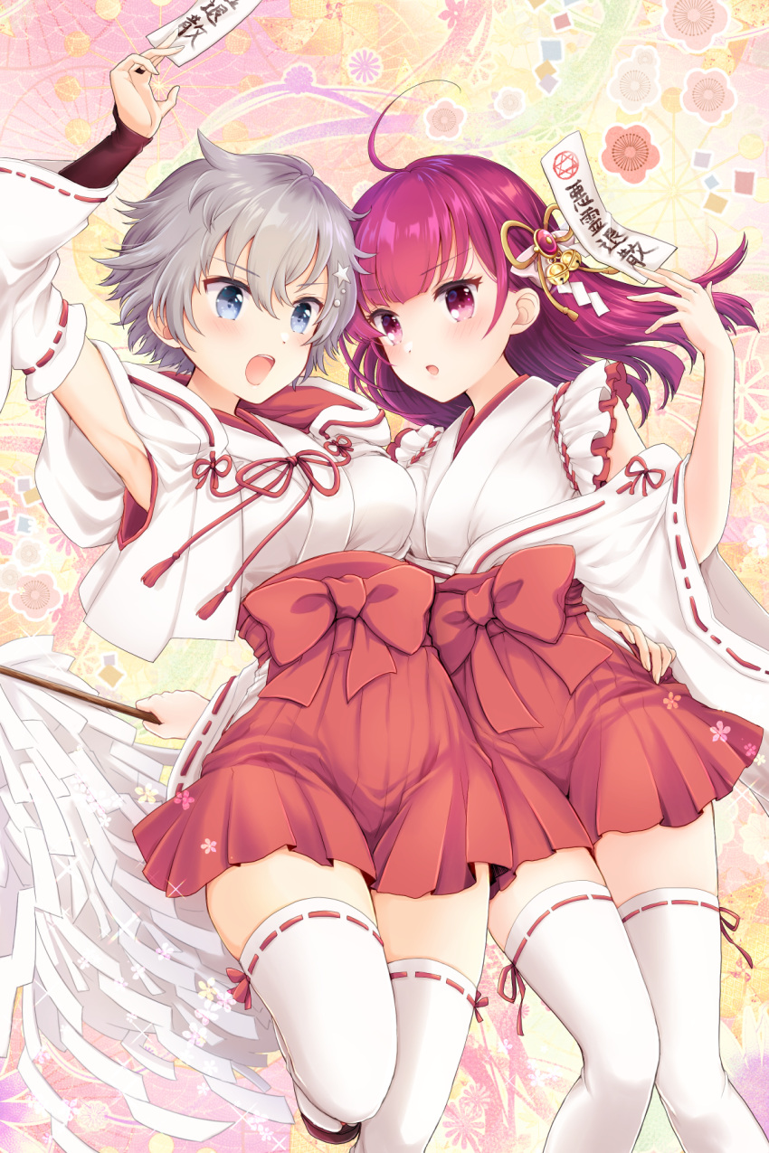 2girls, armpits, bangs, blue_eyes, bow, breasts, chiwa_(chiwawanwan1206), detached_sleeves