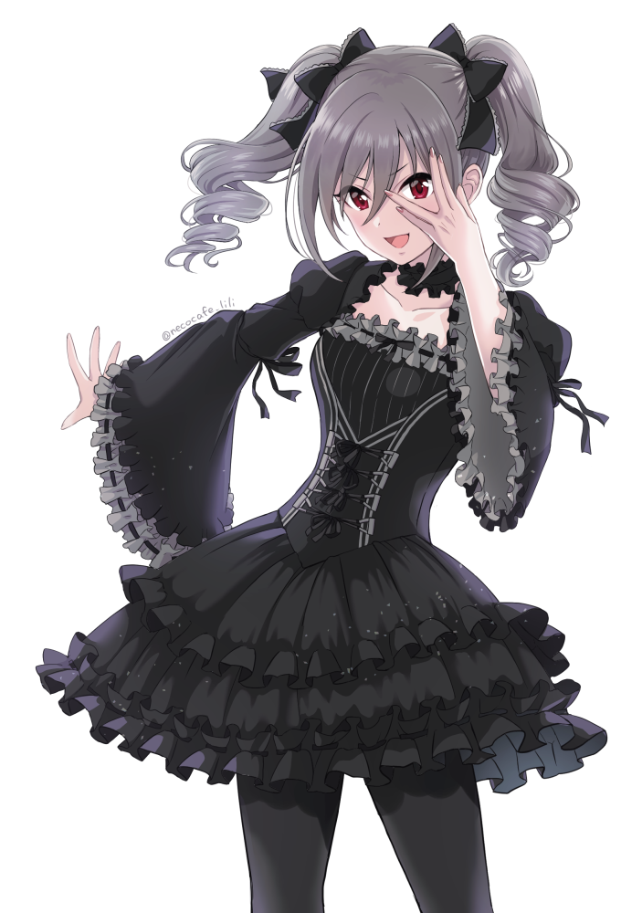 1girl, :d, bangs, black_bow, black_choker, black_dress, black_legwear, black_ribbon