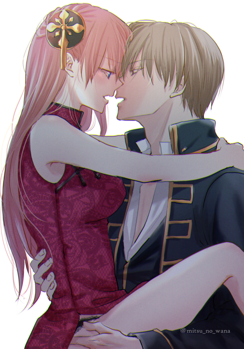 1boy, 1girl, black_panties, blue_eyes, breasts, brown_hair, bun_cover, china_dress, chinese_clothes, coat, couple, dress, dress_shirt, floral_print, gintama, half-closed_eyes, hetero, highres, imminent_kiss, kagura_(gintama), leg_lift, long_hair, medium_breasts, mitsu_syk, okita_sougo, open_clothes, open_coat, open_mouth, open_shirt, orange_hair, panties, print_dress, red_dress, shirt, short_hair, side_slit, simple_background, sleeveless, sleeveless_dress, twitter_username, underwear, white_background, white_shirt