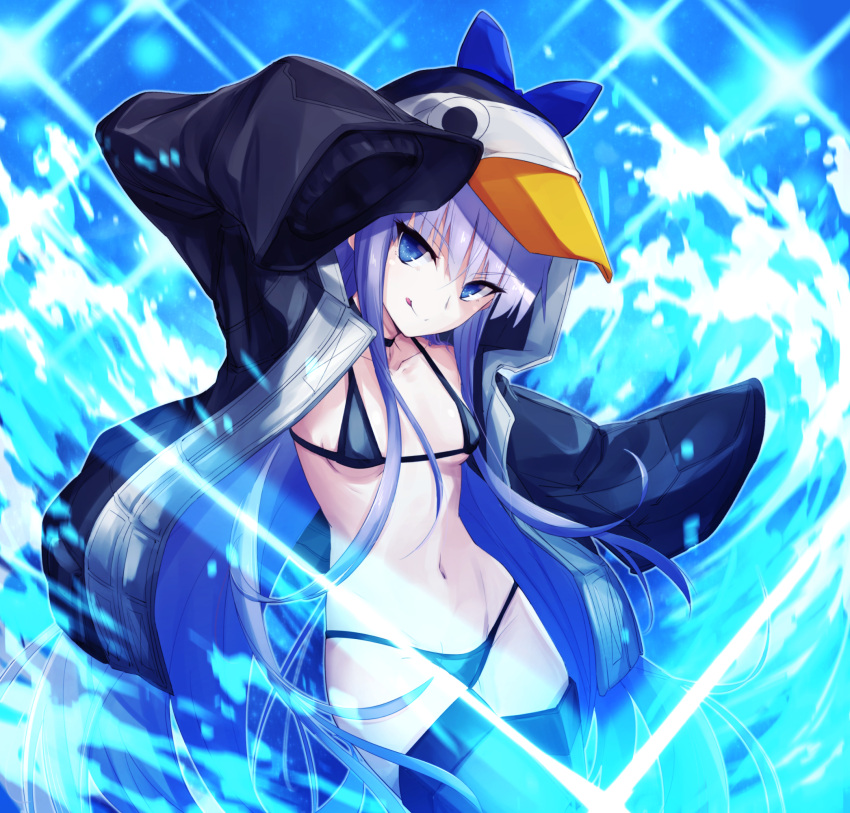 1girl, animal_hood, arm_up, armored_boots, bangs, bikini, black_bikini, black_choker, black_jacket, blue_hair, boots, bow, breasts, choker, closed_mouth, collarbone, eyebrows_visible_through_hair, fate/grand_order, fate_(series), groin, hair_between_eyes, hand_up, highres, hood, jacket, licking, licking_lips, long_hair, long_sleeves, looking_at_viewer, meltryllis, meltryllis_(swimsuit_lancer)_(fate), micro_bikini, navel, open_clothes, open_jacket, pi_(pnipippi), purple_bow, sidelocks, sleeves_past_fingers, sleeves_past_wrists, small_breasts, smile, solo, sparkle, standing, stomach, swimsuit, thighs, tongue, tongue_out, violet_eyes, water, wide_sleeves