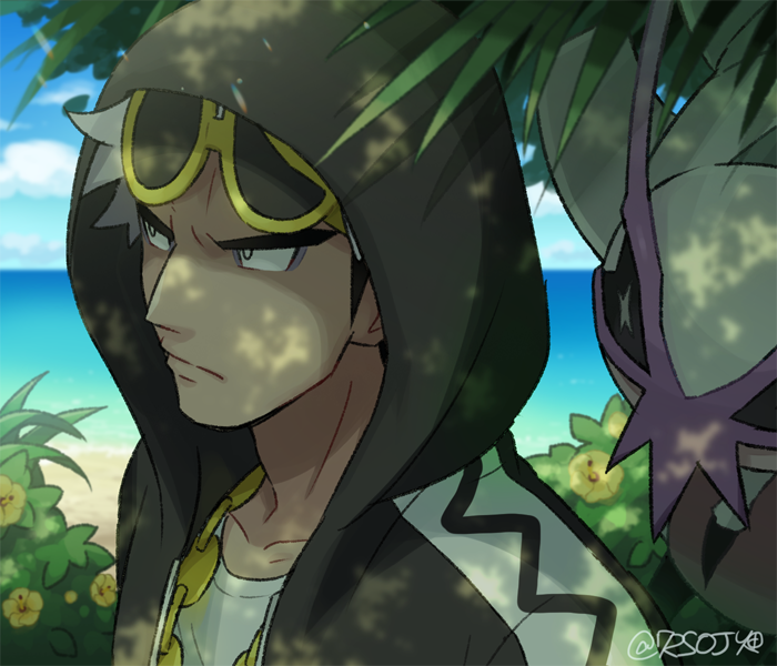 1boy, black_hoodie, closed_mouth, clouds, collarbone, commentary_request, day, eyewear_on_head