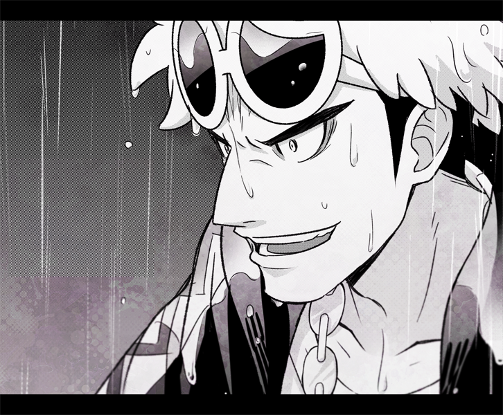 1boy, collarbone, commentary_request, from_side, greyscale, guzma_(pokemon), hood, hoodie