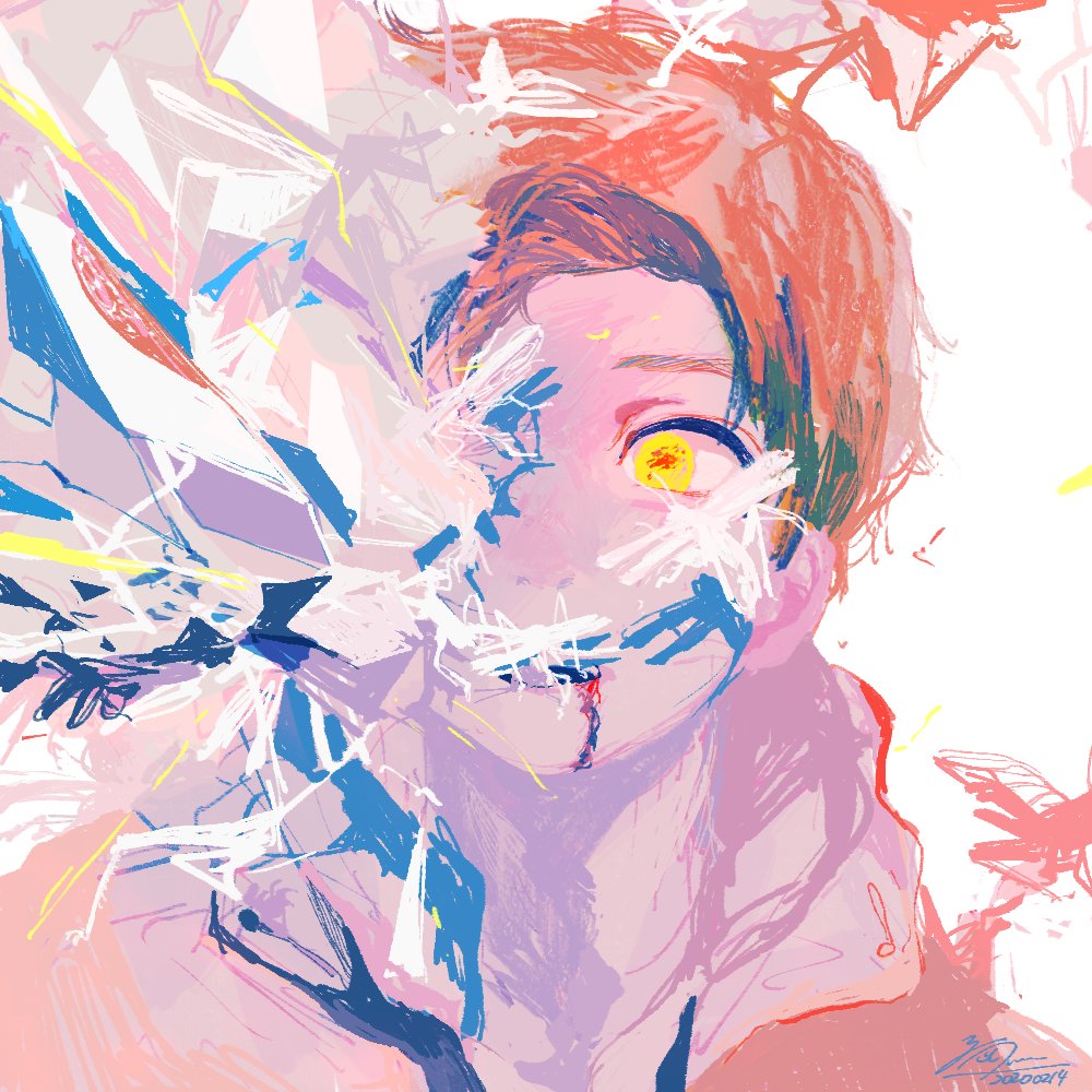 1boy, abstract, hiden_aruto, kamen_rider, kamen_rider_01_(series), male_focus, orange_hair, portrait