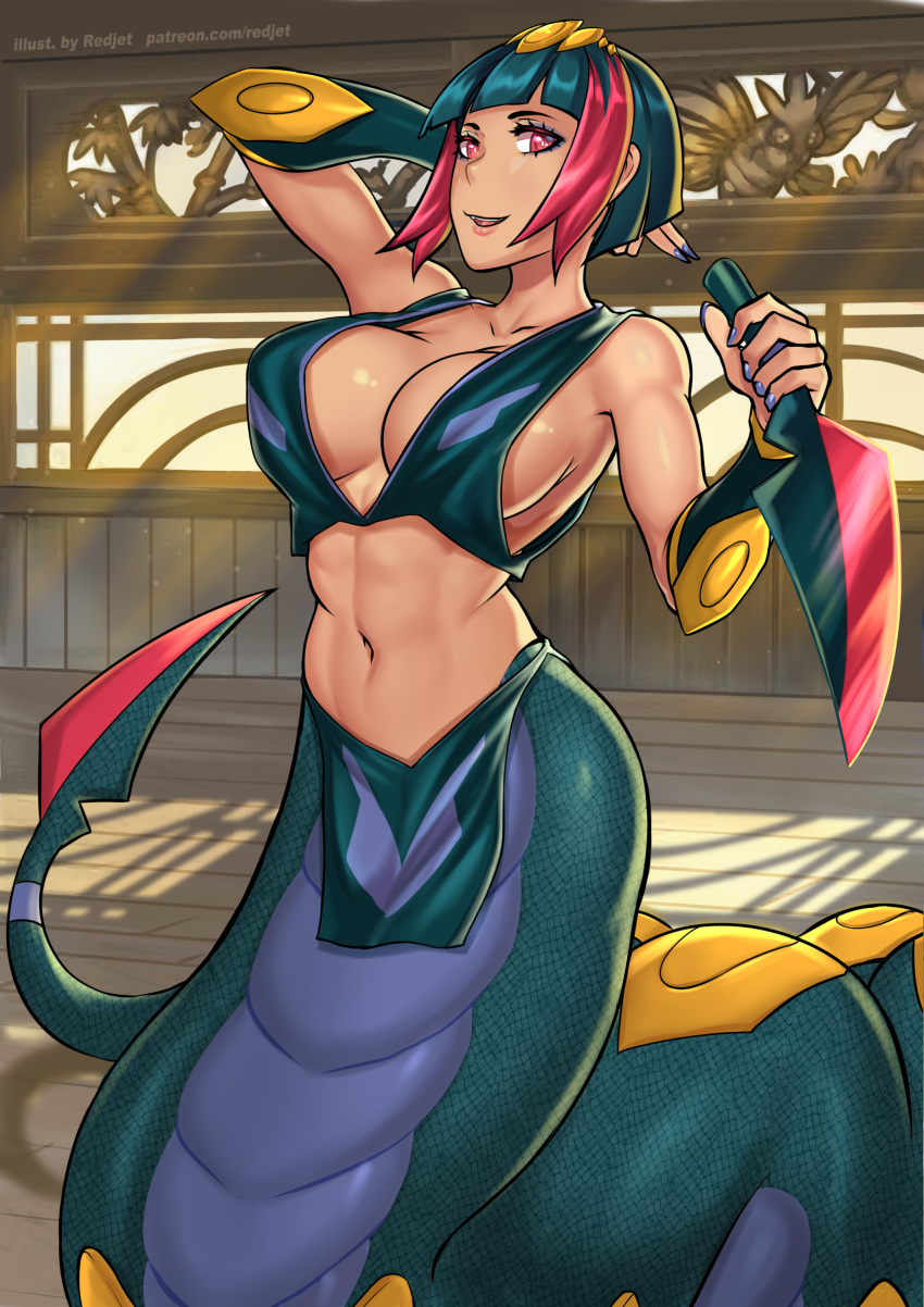 1girl, abs, absurdres, arm_up, black_hair, blue_nails, bob_cut, breasts