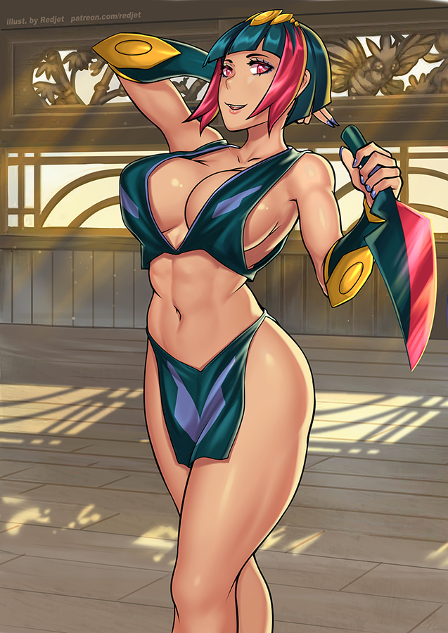 1girl, abs, arm_up, black_hair, blue_nails, bob_cut, breasts, commentary_request