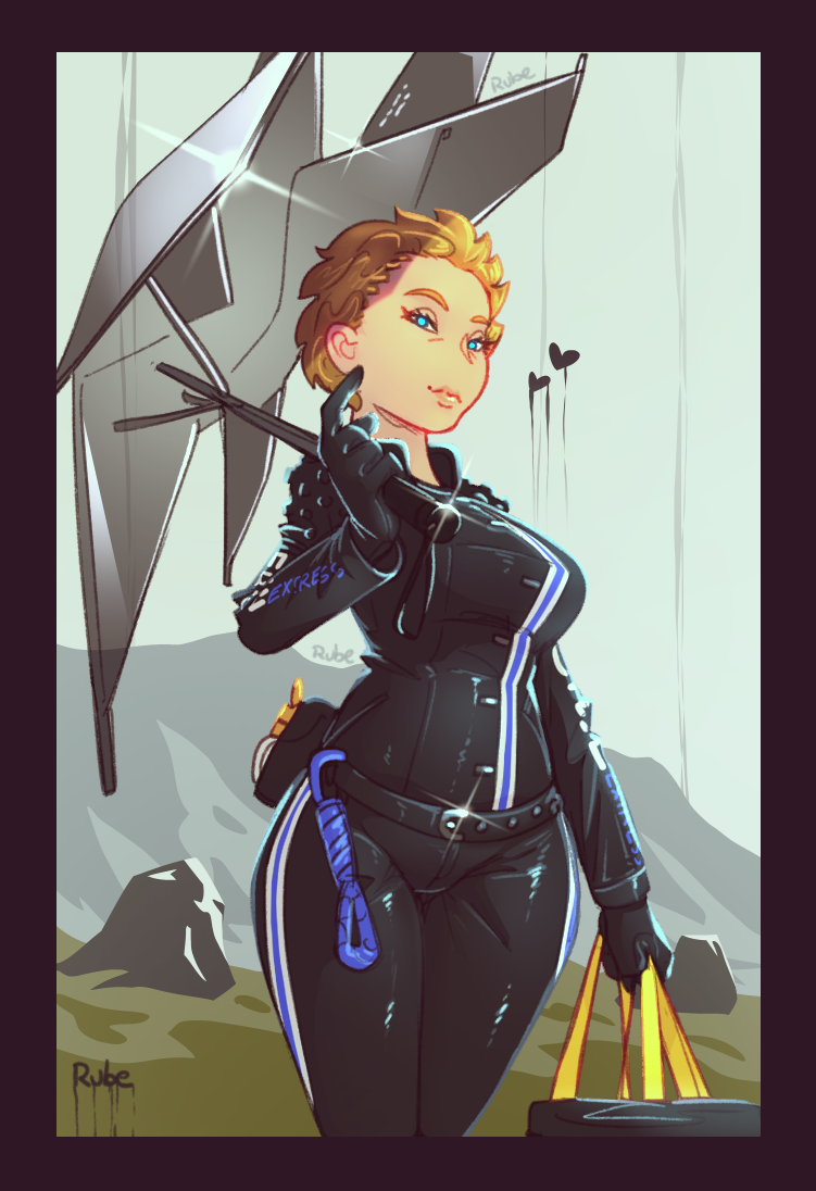 1girl, bag, belt, belt_pouch, biker_clothes, black_border, black_gloves, blue_eyes, border, breasts, brown_hair, commentary, day, death_stranding, english_commentary, fragile_(death_stranding), gloves, holding, holding_bag, holding_umbrella, jacket, justrube, leather, leather_jacket, leather_pants, medium_breasts, outdoors, pants, pouch, rain, rope, short_hair, signature, solo, standing, striped, studded_jacket, umbrella, vertical_stripes, very_short_hair