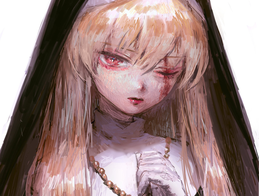 1girl, bangs, blonde_hair, catholic, gloves, habit, hatena_(nazequestion), highres