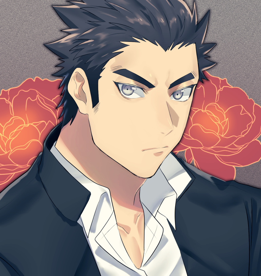 1boy, alternate_eye_color, black_hair, closed_mouth, collarbone, collared_shirt, face, floral_background