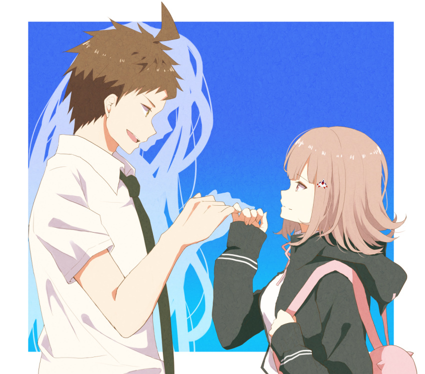 1boy, 1girl, ahoge, backpack, bag, bangs, black_jacket, black_shirt, blue_background, border, breasts, brown_hair, cat_bag, collared_shirt, commentary_request, dangan_ronpa_(series), dangan_ronpa_2:_goodbye_despair, flipped_hair, green_neckwear, hair_ornament, hairclip, hand_up, height_difference, hinata_hajime, holding_strap, hood, hood_down, hoodie, jacket, kamukura_izuru, kuro_n314, long_sleeves, looking_at_another, medium_breasts, medium_hair, nanami_chiaki, neck_ribbon, necktie, open_mouth, pink_bag, pink_ribbon, pinky_swear, ribbon, shiny, shiny_hair, shirt, short_hair, short_sleeves, smile, spoilers, two-tone_shirt, upper_body, upper_teeth, white_border, white_shirt