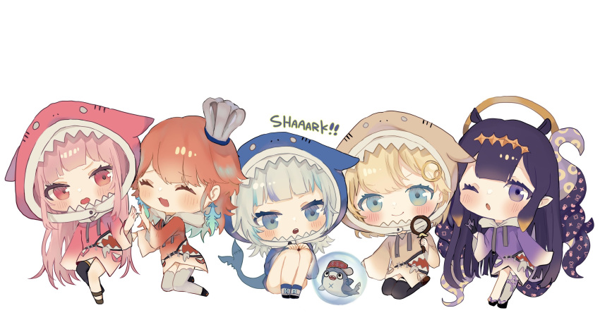 5girls, animal_costume, animal_hood, bloop_(gawr_gura), blush, chibi, commentary, cosplay