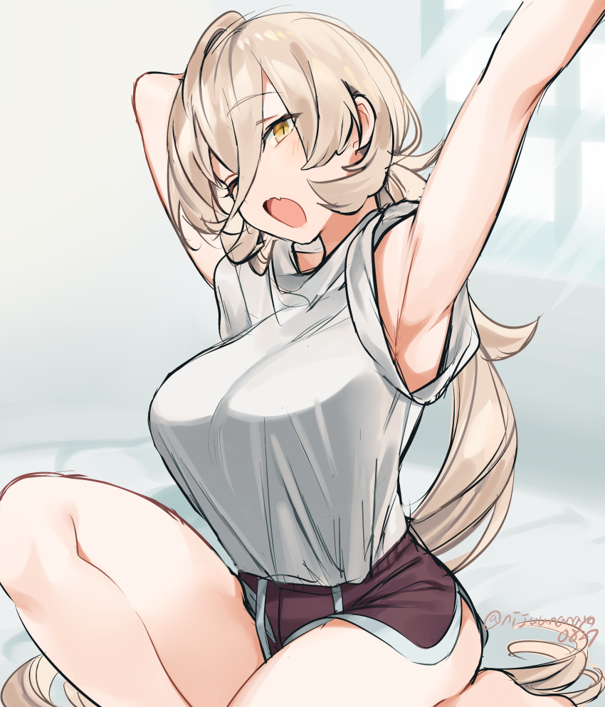 1girl, absurdres, arm_behind_head, arm_up, armpits, blonde_hair, blush, breasts